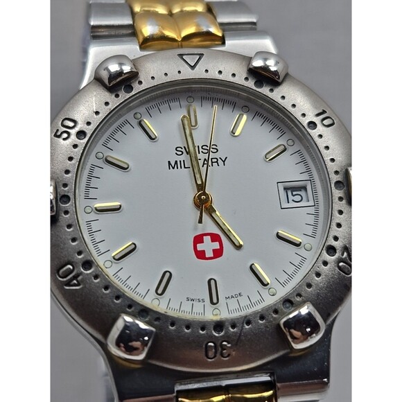 Swiss Military Quartz Watch Date New Battery 38mm Gold Silver Two Tone 5ATM WR - Picture 4 of 11